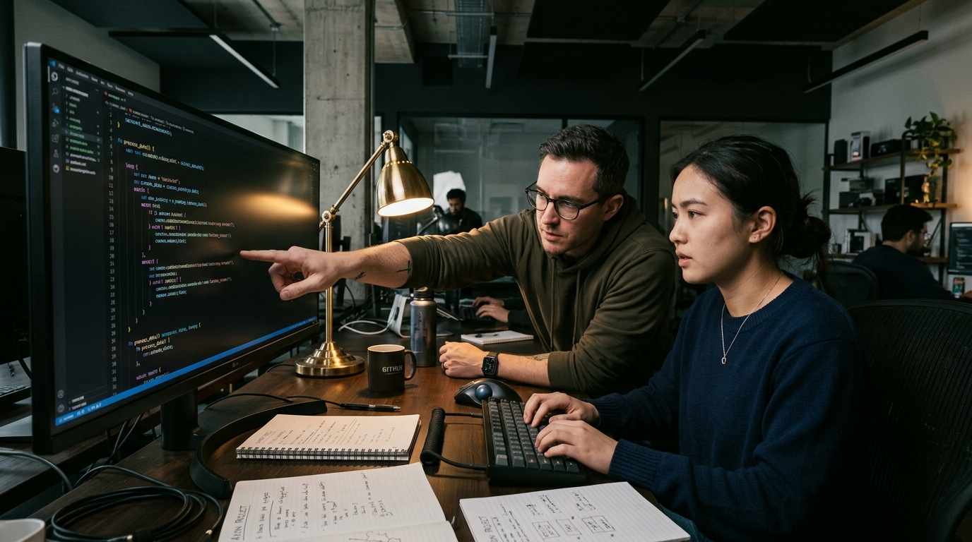 Two engineers pair programming and reviewing architecture code together at a studio desk