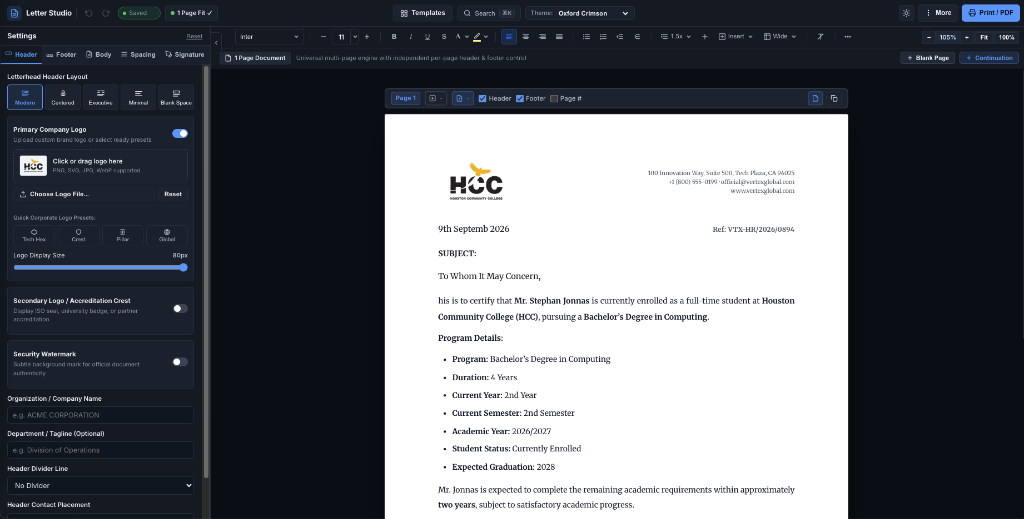 Letter Studio application interface with DIN 5008 layout controls and vector document rendering
